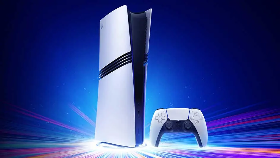 Een witte PlayStation 5-console en een controller staan op een blauwe achtergrond met lichtstralen.