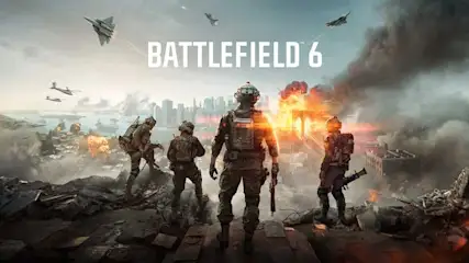 Video game - Soldaten kijken uit over een verwoeste stadsrand; explosies, rook, helikopters en jets domineren de vurige skyline.