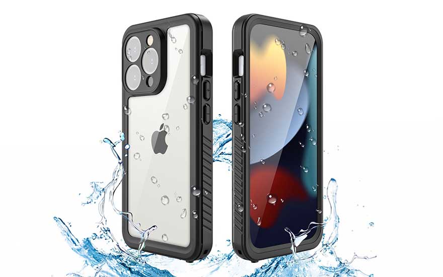 Des coques de téléphone étanches sont présentées avec des gouttes, pour mettre l’accent sur leur protection contre l’eau.