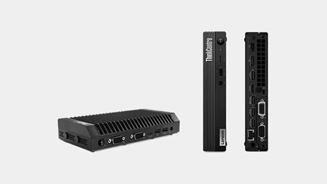 Drie zwarte Lenovo ThinkCentre computers op een witte achtergrond. Eén ligt plat, twee staan rechtop.