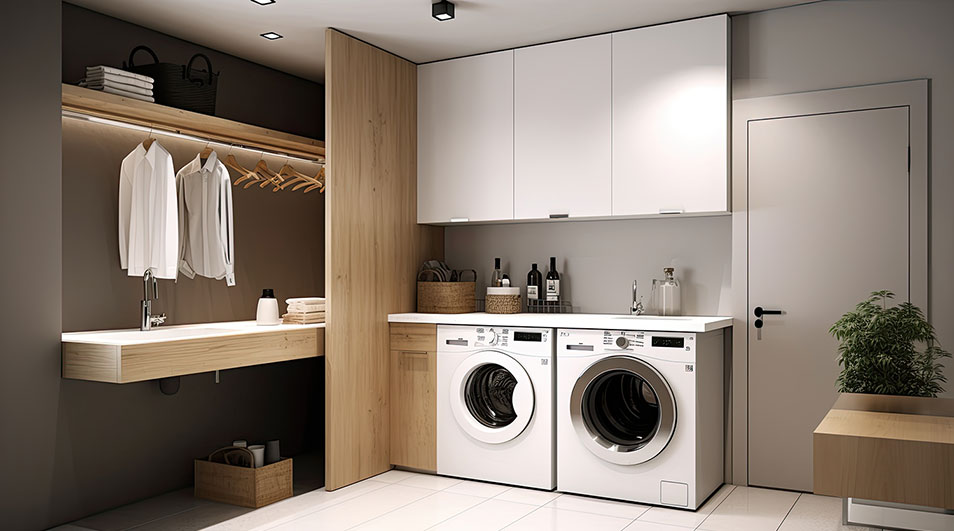 Witte wasmachines onder kasten in een wasruimte. Een houten werkblad, wastafel en een deur aan de rechterkant.