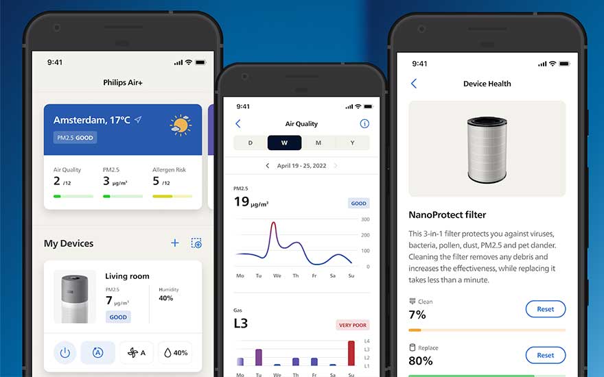Trois smartphones affichent l’application Philips Air+ avec météo, qualité de l’air, graphiques et entretien du filtre.