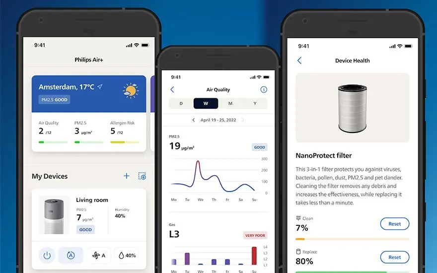 Trois smartphones affichent l’application Philips Air+ avec météo, qualité de l’air, graphiques et entretien du filtre.