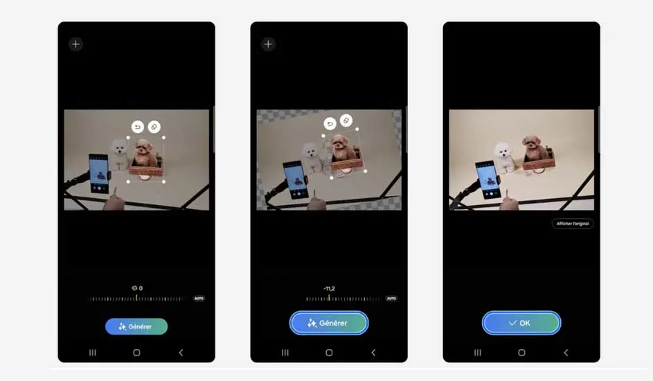 Trois écrans de smartphone affichent des réglages d'édition photo pour deux chiens sur fond blanc.