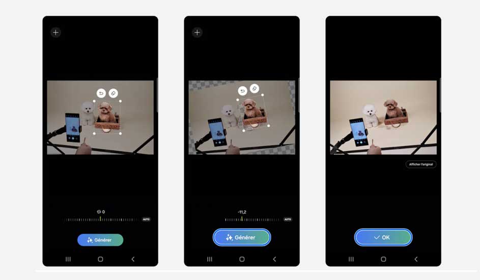 Drie telefoonschermen tonen foto's van witte en bruine poedels. Op het scherm staan bewerkingsopties.