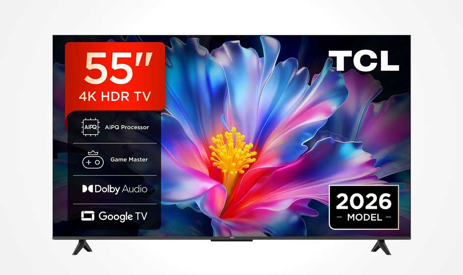 Een TCL-tv toont een kleurrijke bloem, met labels voor 55 inch, 4K HDR, Google TV en een modelaanduiding 2026.