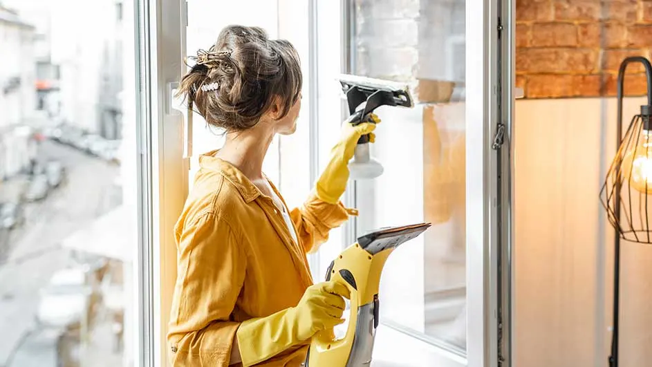 A window is being cleaned with yellow tools. The background shows a building and a lamp.