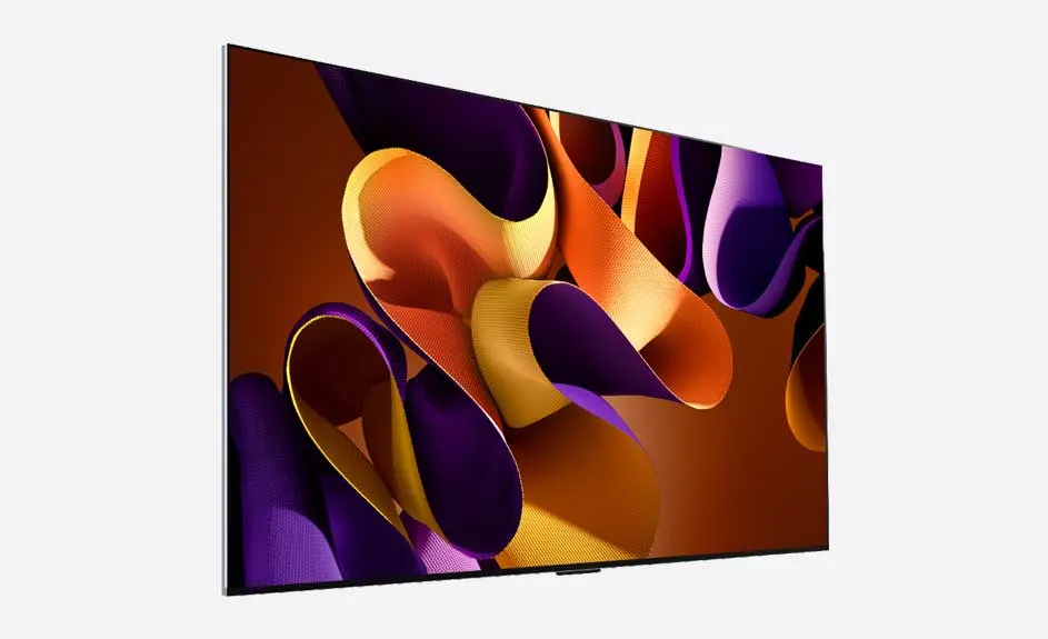 Écran TV affichant des formes abstraites violettes, jaunes et orange sur fond marron.