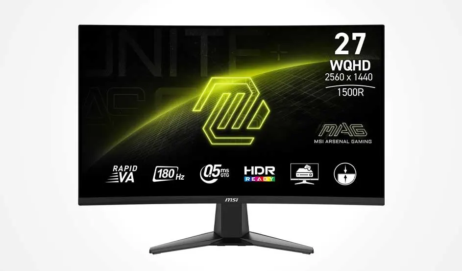 MSI MAG gebogen 27" gamingmonitor met groen logo; tekst toont WQHD 2560×1440, 1500R, Rapid VA, 180Hz, 0,5ms en HDR Ready.