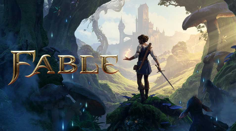Une jeune héroïne armée d’une épée se tient dans une forêt enchantée, observant une cité au loin tandis que le logo doré Fable brille.