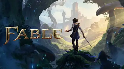 Une jeune héroïne armée d’une épée se tient dans une forêt enchantée, observant une cité au loin tandis que le logo doré Fable brille.