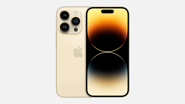 Un iPhone doré avec trois objectifs de caméra à l'arrière et un écran avec un design graphique orange et noir.