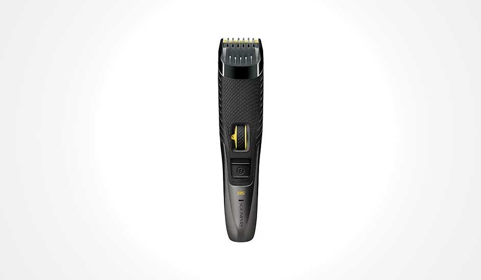 MMS World A black electric beard trimmer featuring yellow accents and an adjustable trimming head stands upright against a white background.