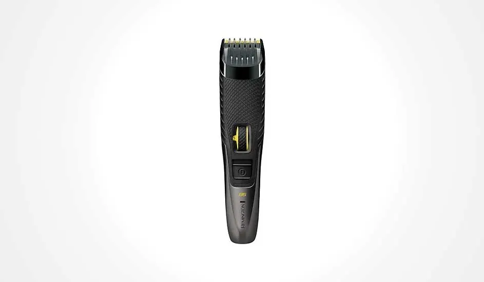 MMS World A black electric beard trimmer featuring yellow accents and an adjustable trimming head stands upright against a white background.