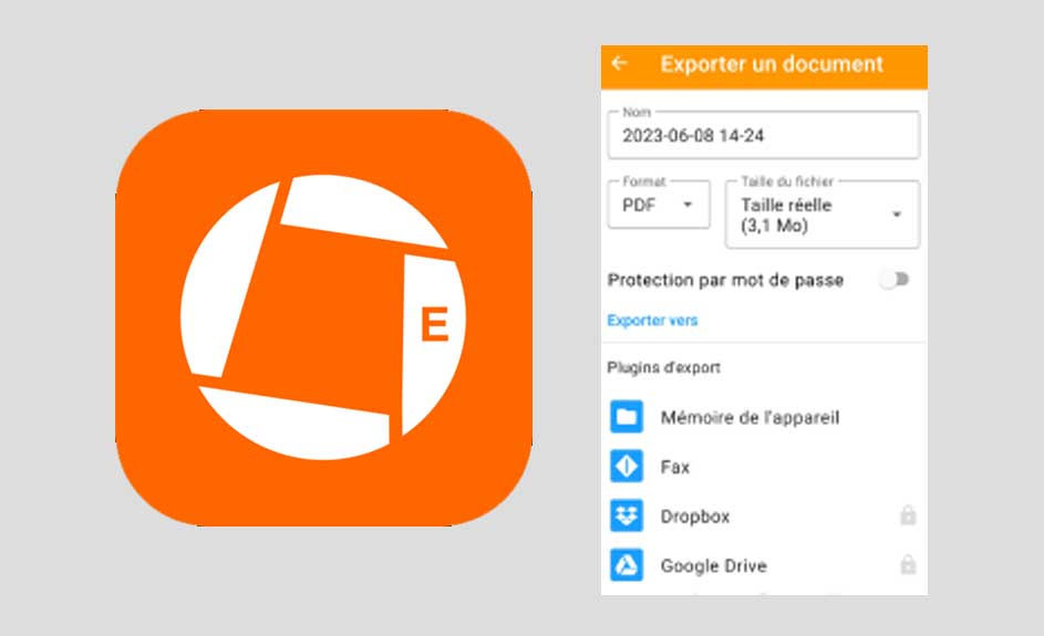 Icône d'application orange avec un "E" et une interface d'exportation de document avec options de format, taille et destination.