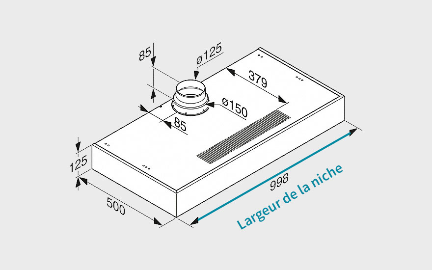 Schéma technique blanc d'une hotte aspirante avec dimensions en millimètres et indication de la largeur de la niche.
