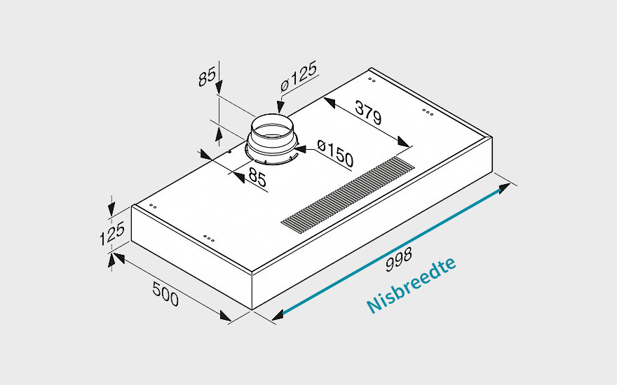 Een technische tekening van een dampkap in perspectief, met afmetingen aangeduid in mm.