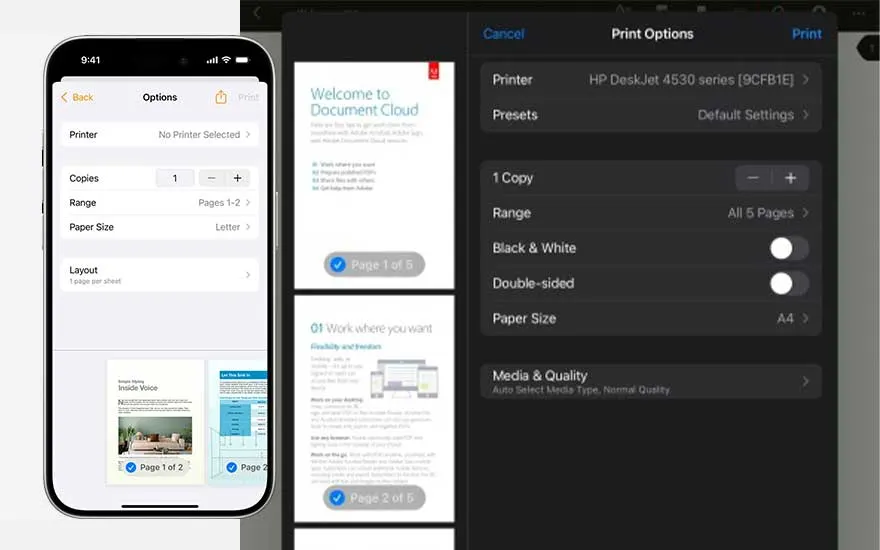 Deux smartphones affichent des options d'impression avec les paramètres de l'imprimante, les copies, le format du papier et la mise en page.
