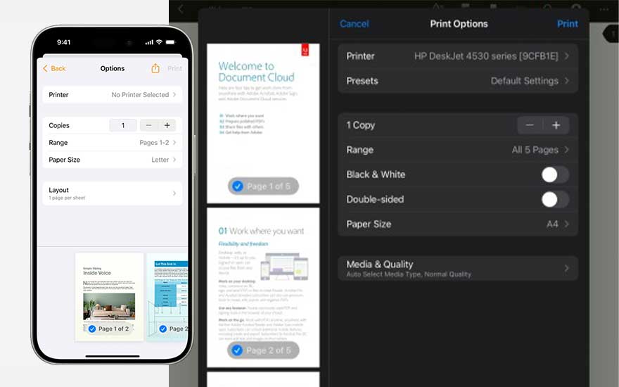 Deux smartphones affichent des options d'impression avec les paramètres de l'imprimante, les copies, le format du papier et la mise en page.
