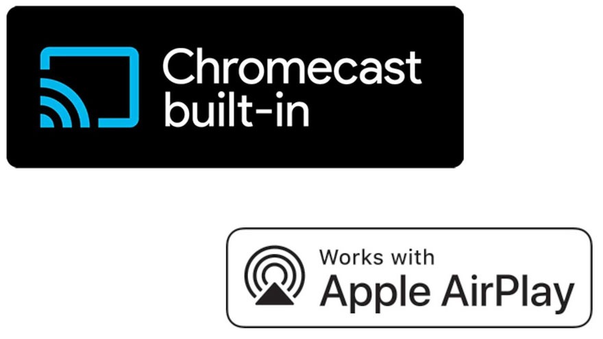 Logos "Chromecast intégré" (noir, texte blanc, icône bleue) et "Fonctionne avec Apple AirPlay" (blanc, texte noir, icône noire).