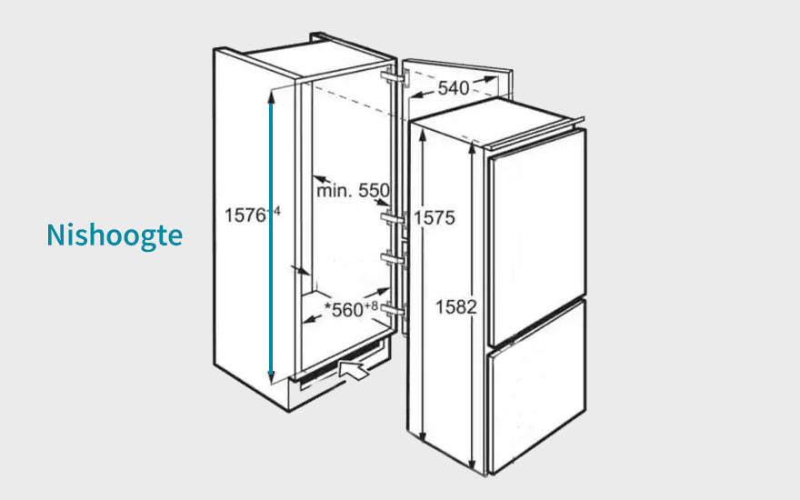 Een illustratie van een koelkast met afmetingen tegen een grijze achtergrond.
