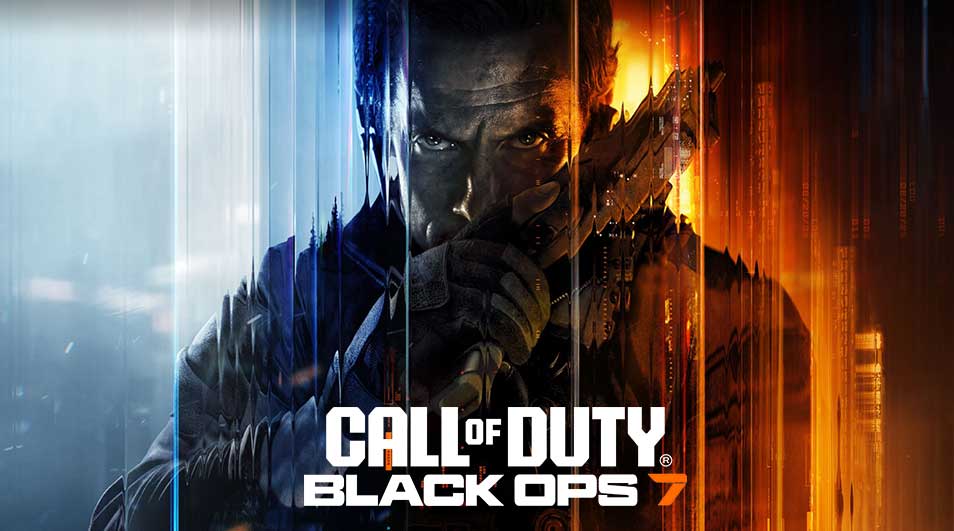 Logo Call of Duty Black Ops 7 avec soldat dramatique éclairé en bleu et orange, regard intense, équipement militaire visible