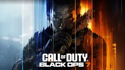 Call of Duty Black Ops 7-logo met een dramatische soldaat verlicht in blauw en oranje licht, intense blik, militaire uitrusting zichtbaar