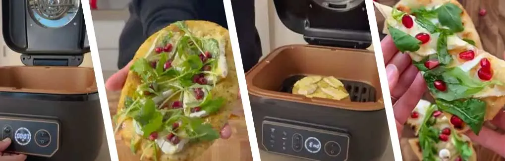Vier beelden tonen een airfryer, chips in de airfryer, en pizza met rucola en granaatappelpitjes.