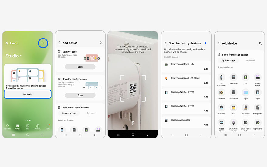 Vijf schermen van een smartphone tonen stappen voor het toevoegen van apparaten. Opties zijn QR-code, nabije apparaten en een lijst met apparaten.