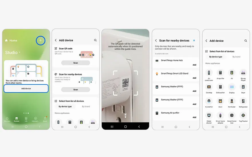 Vijf schermen van een smartphone tonen stappen voor het toevoegen van apparaten. Opties zijn QR-code, nabije apparaten en een lijst met apparaten.
