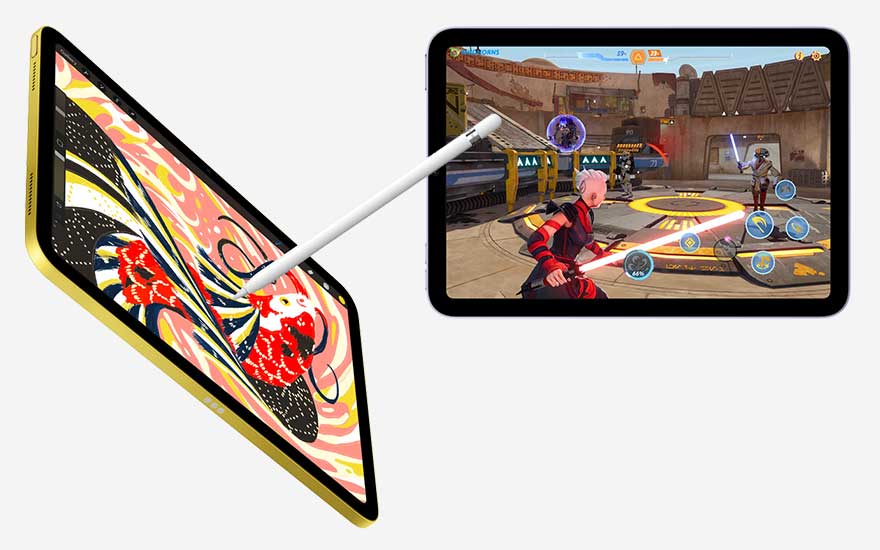 Twee iPads: één met abstracte kunst en pen, de andere toont een videospel met zwaarden en figuren.