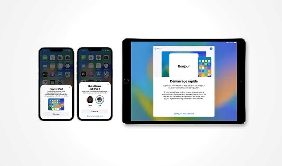 Deux iPhones et un iPad affichent des écrans de configuration sur fond blanc. Les écrans sont en français.