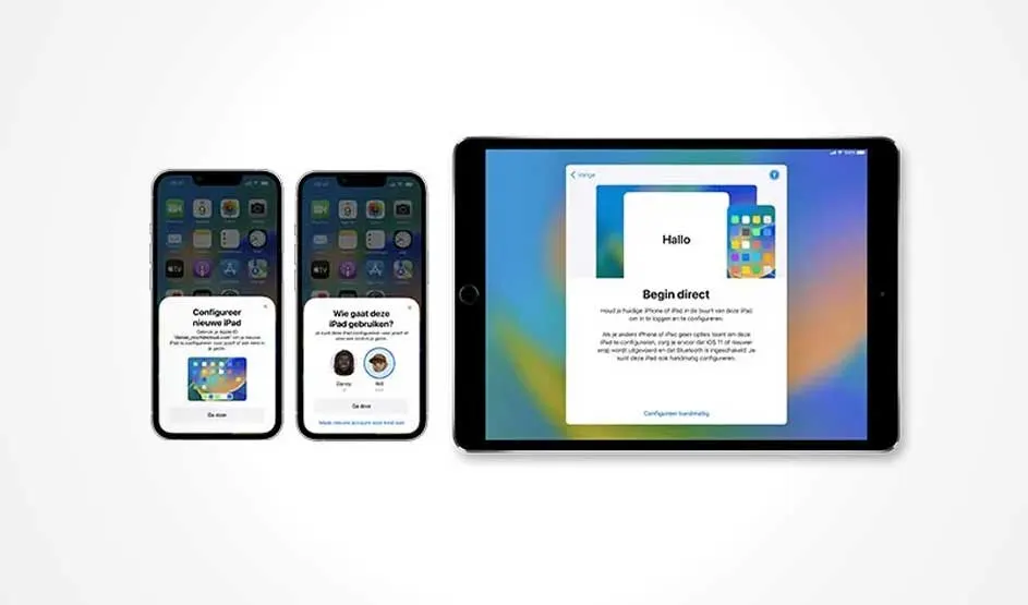 Twee iPhones en een iPad tonen setup schermen op een witte achtergrond, met meldingen over apparaatconfiguratie.