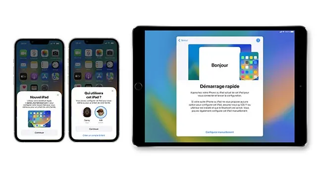 Deux iPhones et un iPad affichent des écrans de configuration sur fond blanc. Les écrans sont en français.