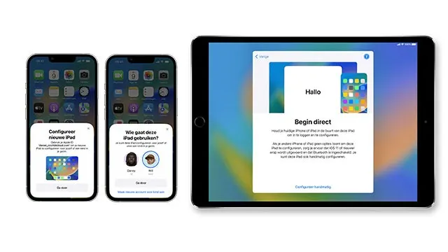 Twee iPhones en een iPad tonen setup schermen op een witte achtergrond, met meldingen over apparaatconfiguratie.