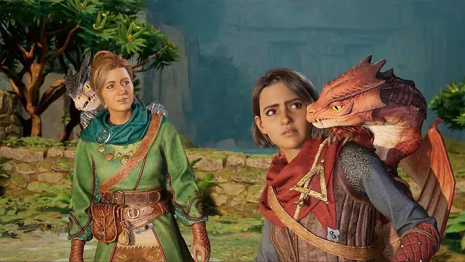 Deux personnages en tenues médiévales avec des dragons sur leurs épaules, sur fond de paysage verdoyant et rocheux.