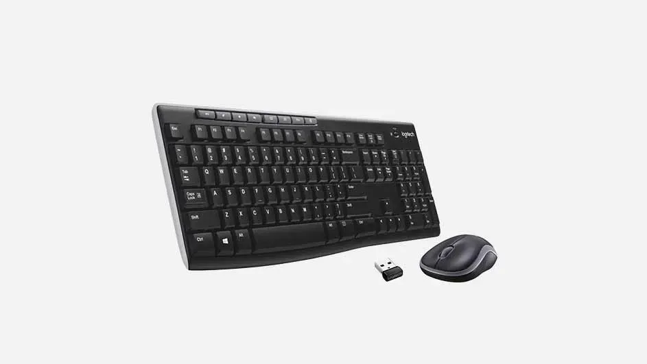 Draadloze Logitech toetsenbord en muis set in zwart met zilveren accenten, inclusief USB-ontvanger voor draadloze verbinding.