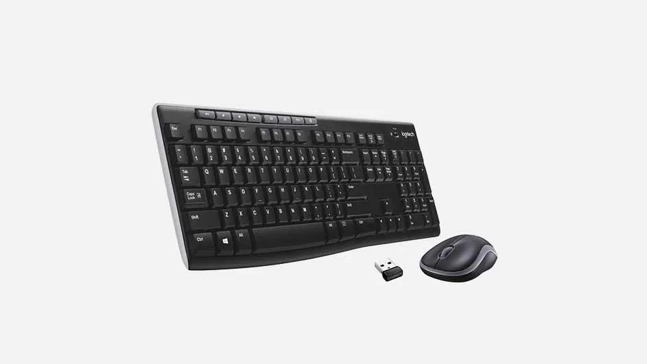 Wireless Logitech keyboard and mouse set in black with silver accents, including USB receiver for wireless connection setup.