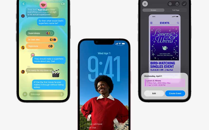 Drie iPhones naast elkaar tonen verschillende schermen: kleurrijke chatberichten, een vergrendelscherm met portret en een evenement in een app.