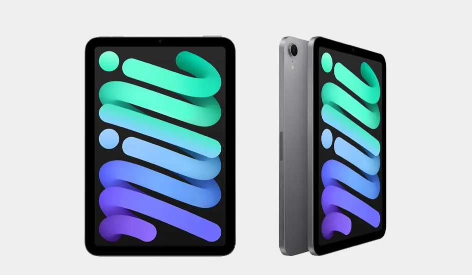 Twee iPads Mini, één vooraan en één zijkant, met een kleurrijk display tegen een witte achtergrond.