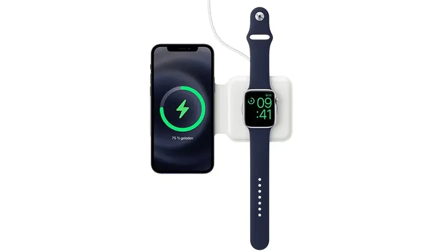 Een zwarte smartphone en een blauw horloge laden op een witte draadloze oplader. De telefoon is voor 75% opgeladen. Het is 09:41.