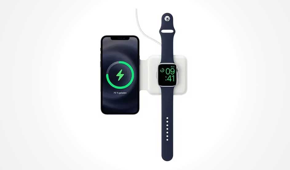 Een zwarte smartphone en een blauw horloge laden op een witte draadloze oplader. De telefoon is voor 75% opgeladen. Het is 09:41.
