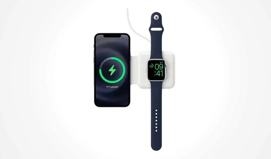 Een zwarte smartphone en een blauw horloge laden op een witte draadloze oplader. De telefoon is voor 75% opgeladen. Het is 09:41.