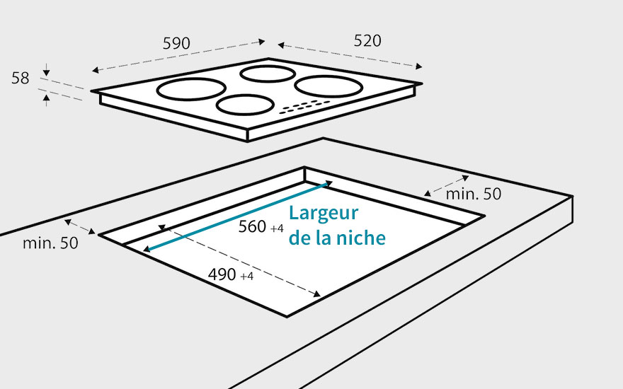Schéma technique d'une plaque de cuisson noire à quatre foyers au-dessus d'un plan de travail gris avec des dimensions annotées.
