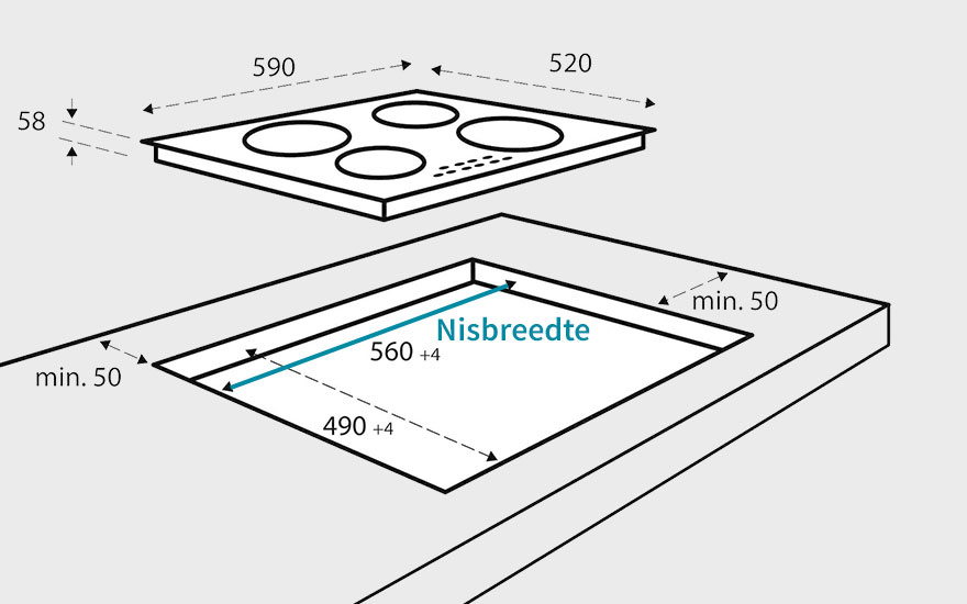 Een schematische tekening van een kookplaat boven een aanrecht, met afmetingen en de tekst "Nisbreedte".