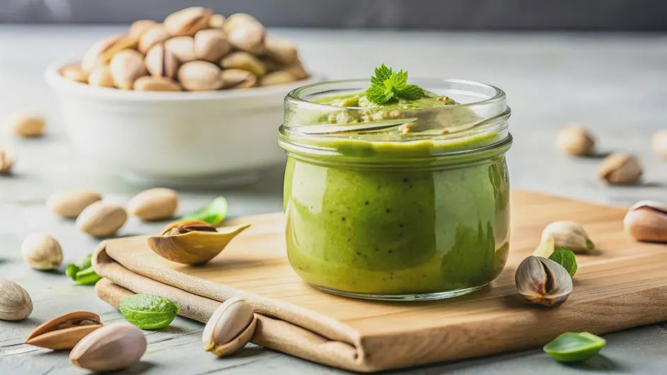 Un bocal de pâte de pistache verte sur une planche à découper en bois, avec des pistaches et un bol de pistaches en arrière-plan.