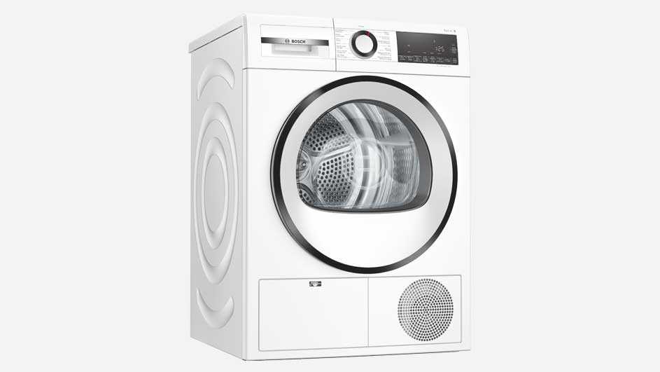 Séchoir blanc avec porte ronde et panneau de commande, sur fond blanc uni.