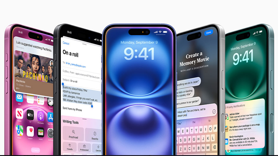 Rij smartphones van verschillende kleuren tonen diverse schermen, waaronder apps, berichten en een toetsenbord. De tijd is 9:41 op elk scherm.