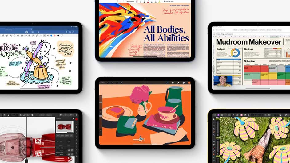 Six tablettes affichent diverses applications : prise de notes, dessin, feuilles de calcul et conception graphique.