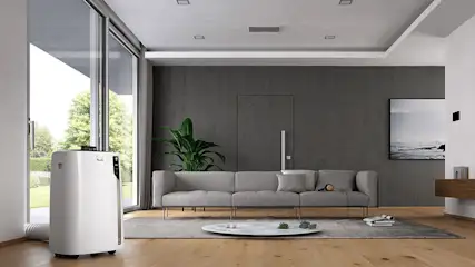 Woonkamer met een witte airco, grijze zetel, houten vloer en groot raam. Een plant en decoratie op de tafel.